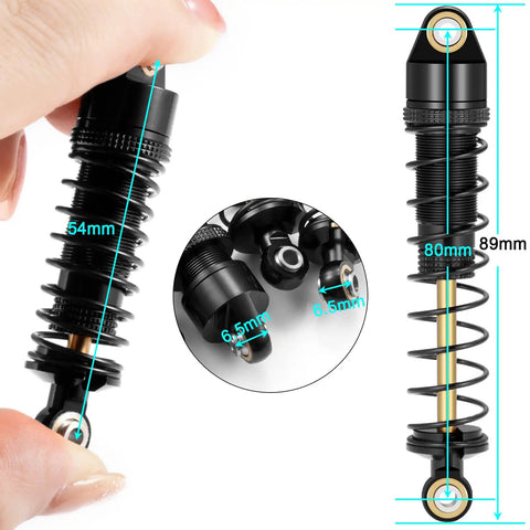 Close-up of Four Pack Metal RC Shock Absorbers 70 80 90 100 110 120mm Damper Set for One Tenth RC Crawlers with measurements