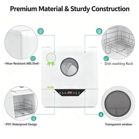 Portable Countertop Dishwasher With 360 Swishing Spray And Crisp Led Interface Nifty Compact Mini Cleaner showing wear-resistant ABS shell, dish rack, and waterproof features.