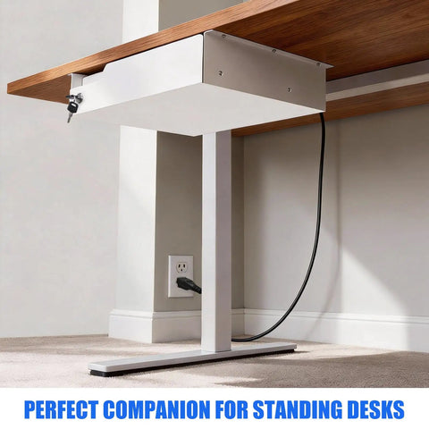 Kick Desk Chaos To The Curb With This Sleek Undermount Drawer Locker with smooth slides and built-in power hub under a desk.