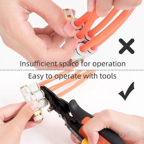 Push To Connect Fittings Disconnect Tong Tool For Easy No Sweat Removal Of Push Fit Pneumatic Fittings In Tight Spaces Fits 1/4 And 5/16 Inches 6mm And 8mm Quick Connect Air Hose Fittings Removal Tool, used on orange tubing