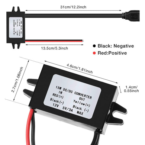 Two Pack 12V To 5V USB Buck Converter Module Dual USB Ports 3A 15W Car Power Adapter Voltage Regulator with Dimensions