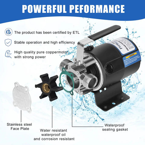Ready To Roll Heavy Duty 1/10 Hp Electric Water Transfer Pump Delivering 330 Gph Flow With 40 Ft Lift close-up of stainless steel face plate and components.