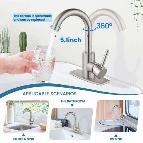 Single Hole Bathroom Faucet With 360 Degree Swivel Spout, 304 Stainless Steel, Brushed Nickel Finish, Pop Up Drain And Deck Plate