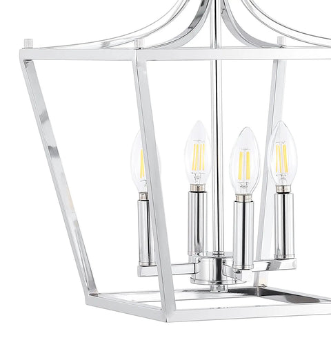 Chrome 13 Inch 4 Light Pendant Lantern With Adjustable Chain For Kitchen Island Foyer And Entryway Modern Farmhouse Vibe Ceiling Light LED Bulbs Included, close-up view
