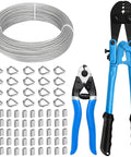 1/8 Inch Stainless Steel Wire Rope Kit With 164 Foot Heavy Duty Cable And Complete Crimping Tool Set, featuring thimbles and sleeves.