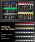 40 Position Key Cabinet With Resettable 3 Digit Combination Lock, Steel Key Organizer inside view with adjustable racks and colorful tags