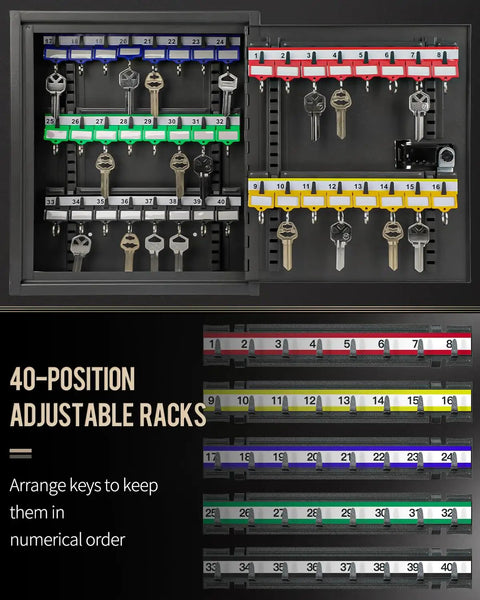 40 Position Key Cabinet With Resettable 3 Digit Combination Lock, Steel Key Organizer inside view with adjustable racks and colorful tags