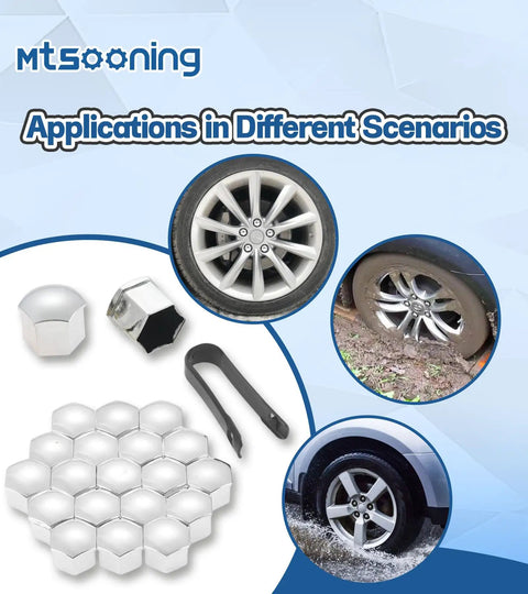 21 Pcs Car Wheel Nut Covers 21mm Universal Lug Nut Caps Chrome Gloss ABS Auto Bolt Head Protectors with Remover Clip