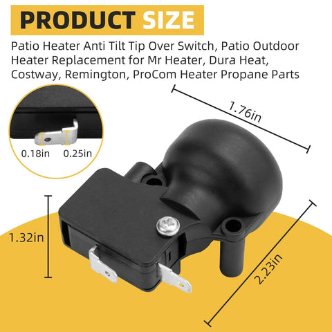 FD4 Dump Switch For Patio Heaters Anti Tilt Safety Switch Replacement Part Easy Install with dimensions and connectors shown