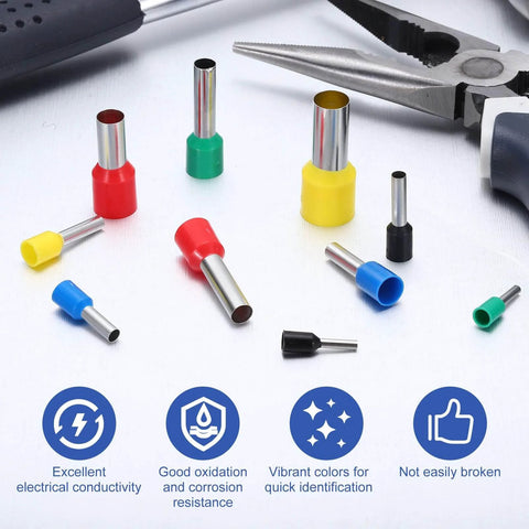 Assorted colored wire ferrule connectors with pliers, including 200 Pcs Wire Ferrule Connectors VE0510 24 AWG Copper Crimp Ferrules Terminals Insulated Cord End Terminals For Electrical Projects Industrial Automation And Chemical Industry Green.