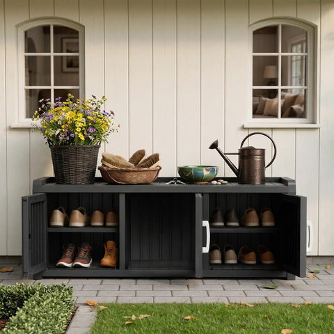 Waterproof Resin Shoe Bench With Adjustable Shelves, 2-Tier Hallway Storage Rack For Entryway, Living Room Or Bedroom, Indoor Outdoor Ready Black 3-Door Cabinet With Rustic Industrial Style For Shoes And More, outdoor installation