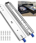 Beefy Heavy Duty Locking Drawer Slides With 390 Lb Load Capacity shown with hardware, installed in RV kitchen setup