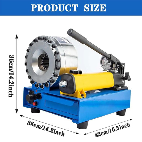 No Sweat Pro Grade Manual Hydraulic Hose Crimping Machine Featuring Seven Swappable Die Sets And A Reliable 35 Mpa Output For Swift Repairs And Automotive Projects, showing size details and design.