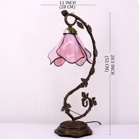Pink Tiffany Style Stained Glass Table Lamp With Metal Leaf Base, 8x10x21 Inch, perfect for cozy desk reading, UL Listed, S701 Series