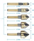 Pro Grade Countersink Drill Bit Set 82 Degree HSS 5 Flute 6mm Round Shank showing multiple bit sizes for wood, plastic, metal.