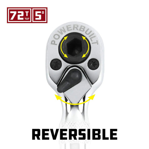 Stubby 1/4 Inch Ratchet Wrench With Quick Release, Reversible 72 Tooth Mechanism highlighting reversible feature and tool head