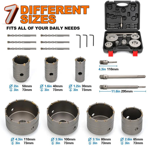 Hole Saw Kit With SDS Plus And Max Shank, 20 Piece Carbide Tipped Tungsten Steel Concrete Drill Bits Set, various sizes shown