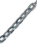Close-up of Dead Nuts Reliable 10mm Square Steel Chain Zinc Plated Hardened Metal, 10 feet long, for towing and securing.