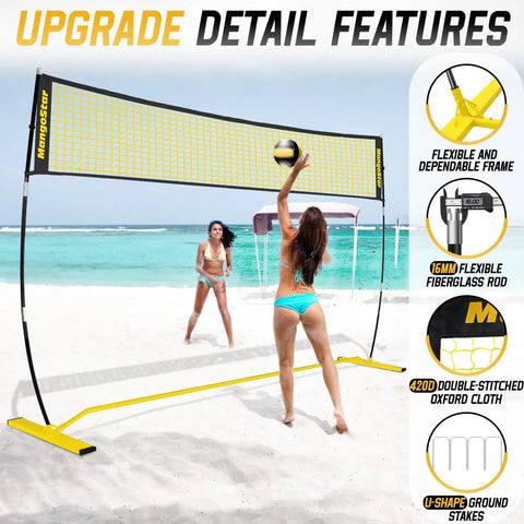 12 Foot Portable Volleyball Net For Backyard Beach Play freestanding on sandy beach with players in action