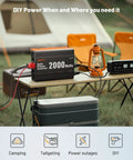 Heavy Duty 2000 Watt DC To AC Inverter Converts 12 Volts No Fuss To 110 Volts With Quick Charge Ports on a camping table.