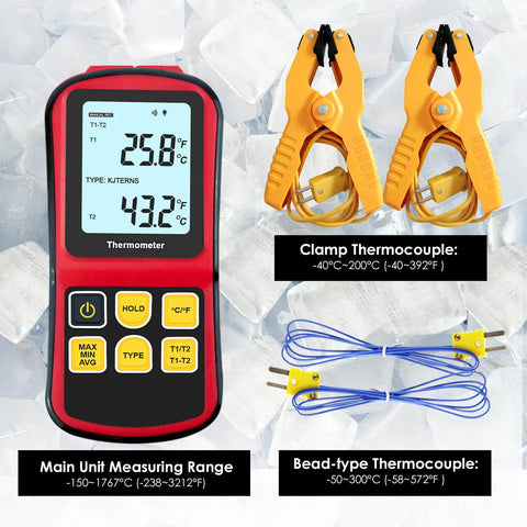 Amazon JuviPerpric digital K-type thermocouple thermometer, red handheld dual-channel meter with two yellow clamp probes and two blue bead probes