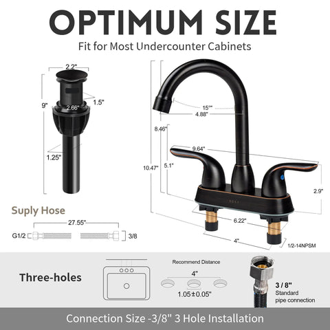 Dimensions of Oil Rubbed Bronze Stainless Steel Bathroom Faucet With Pop Up Drain Stopper And Deck Plate For 3 Hole Sink And 2 Handle Modern Vanity Fixture Easy To Install