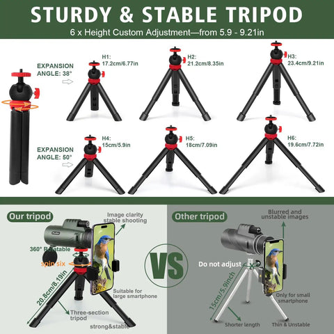 Comparison of 6-tripod heights with adjustments, ideal for 40x60 Monocular Telescope For Adults With 60mm Objective Lens and BAK4 Prism.