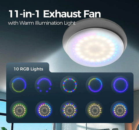 Bathroom Exhaust Fan With Light And RGB Lights All In One Remote Control 2 Way Air Circulation 6 Speed Settings DC Motor 3000 RPM Energy Saving