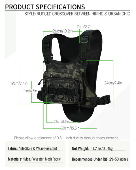 Hands Free Tactical Chest Pack for Men Lightweight Hydration Bag With Gear Holder Reflective Outdoor Chest Pack dimensions