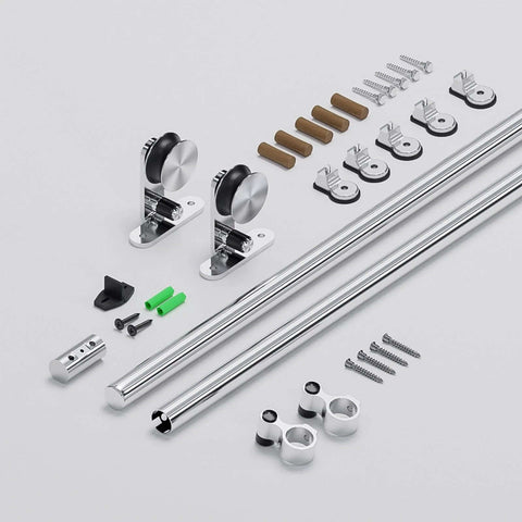 Components of 6Ft Top Mount Sliding Barn Door Hardware Kit With Stainless Steel Track And Rollers Heavy Duty Sturdy Barn Door Hardware Set