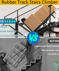 Heavy Duty Electric Stair Climbing Hand Truck Dolly With Foldable Toe Plate And Non Slip Rubber Tires For Effortless Moving Of Heavy Furniture And Warehouse Logistics Up And Down Stairs in use transporting boxes upstairs.