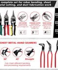 6 In 1 Sheet Metal Tools Set With 3 Hand Seamer Pliers Straight Jaw 45 Degree 90 Degree And 3 Aviation Tin Snips 10 Inch Straight Left Right With Handy Storage Case For HVAC Duct Work displayed with tool labels and descriptions