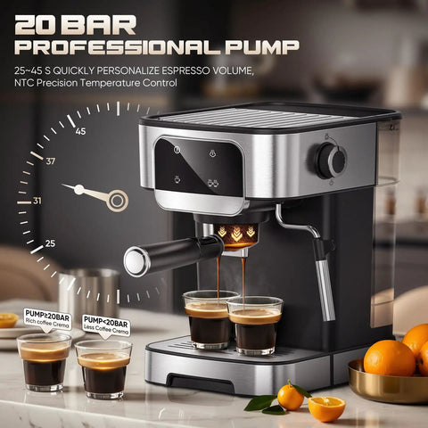 Effortless Home Barista Kit Compact Espresso Machine With 20 Bar Pump And Quick Milk Frother LED Touch Control for brewing espresso.