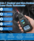 No Sweat Heavy Duty 2 In 1 Digital Rpm Tachometer Gauge Featuring Laser Photo Sensor And Physical Probe For Fast Engine Hvac Motor And Drone Shaft Speed Readouts showing a handheld device measuring RPM with a digital display.