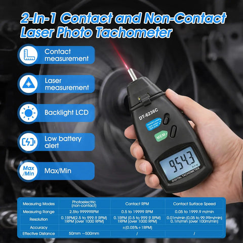 No Sweat Heavy Duty 2 In 1 Digital Rpm Tachometer Gauge Featuring Laser Photo Sensor And Physical Probe For Fast Engine Hvac Motor And Drone Shaft Speed Readouts showing a handheld device measuring RPM with a digital display.