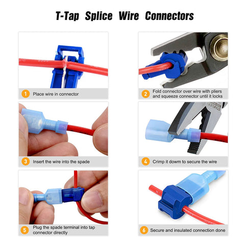 Nilight 120-piece T-Tap wire connector kit with blue nylon insulated male disconnects; six-step instruction panels.