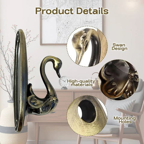 Totally Rad Vintage Swan Wall Hooks 4 Pack Bronze Coat Hooks Cottagecore Bath Home Decor close-up on swan design and mounting hole
