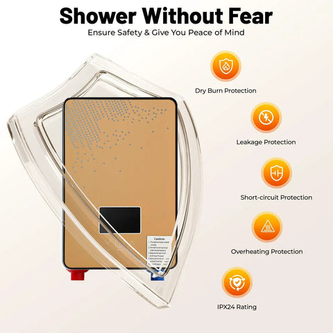 Heavy Duty Electric Tankless Water Heater With Instant Hot Shower Output showing protection features and design.