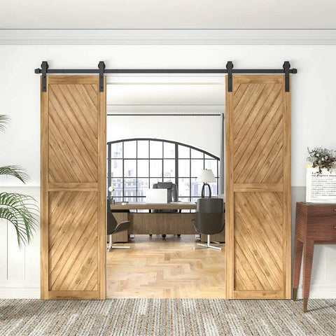 8 Foot Barn Door Hardware Kit Double Sliding Track System Black Carbon Steel Rail For 48 Inch Closet Panel Easy To Install J Shape Workhorse Heavy Duty Durable Barn Door Hardware