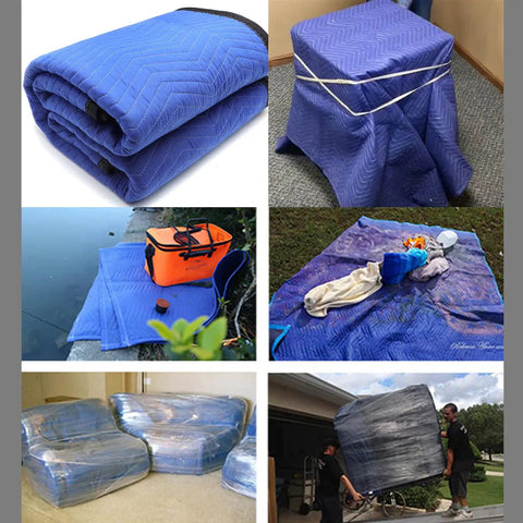 Various uses of 72x80 Extra Thick Furniture Moving Blanket Pack Of 12 Heavy Duty Protective Pads for shipping, moving, and covering furniture.