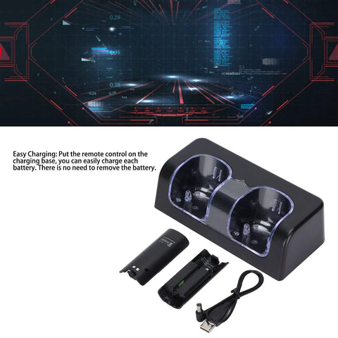 Remote Battery Charger Dock With Power Cord, Portable Dual Charging Station and components, Compact Black Design