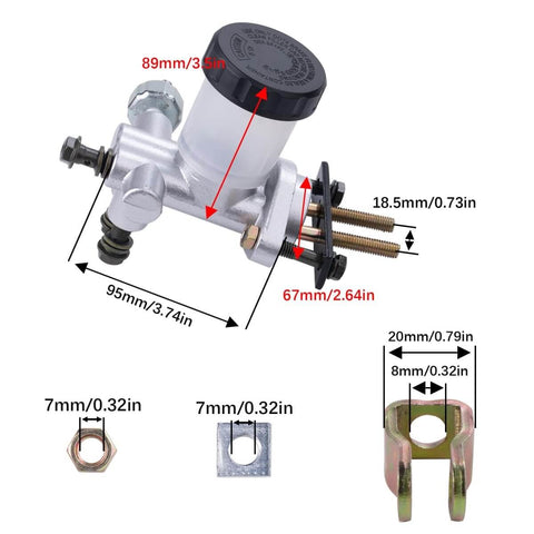 All Terrain Hydraulic Brake Master Cylinder for 90cc-250cc Go Karts Buggies ATVs with measurements displayed