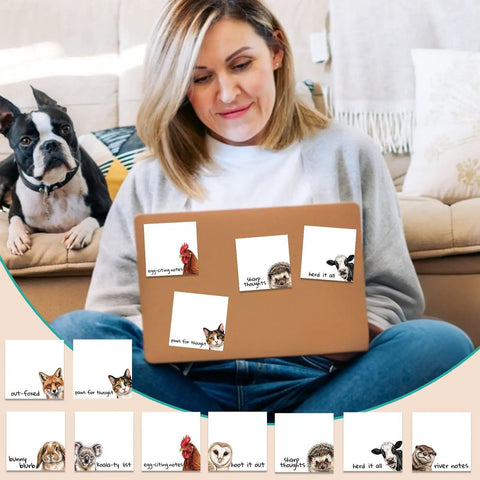 Woman using 9 Pack Cute Sticky Note Pads With Funny Animal Puns Hand Drawn Style Notepads For Office And School Supplies on laptop