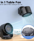 Cordless Desk Fan With Turbo Airflow and Whisper Quiet Operation 7.5 Inch Rechargeable Table Fan shown on desk and wall mount