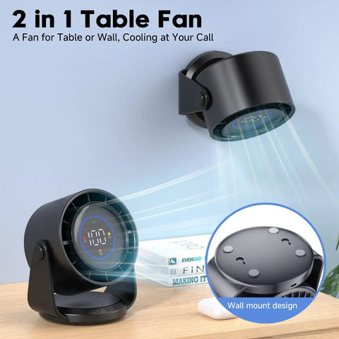 Cordless Desk Fan With Turbo Airflow and Whisper Quiet Operation 7.5 Inch Rechargeable Table Fan shown on desk and wall mount