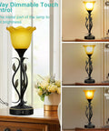 Set Of 2 Rustic Torchiere Bedside Lamps With USB Port, 3 Way Dimmable Touch Table Lamps, Glass Flower Shade With Vine Leaf Design