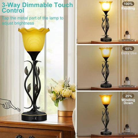 Set Of 2 Rustic Torchiere Bedside Lamps With USB Port, 3 Way Dimmable Touch Table Lamps, Glass Flower Shade With Vine Leaf Design