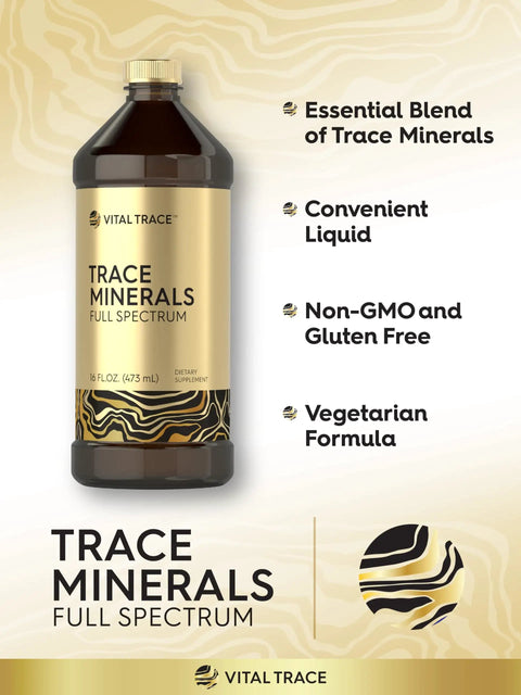 Liquid Trace Minerals With Magnesium Chloride Sodium And Potassium For Everyday Wellness 16 Fl Oz Vegetarian Non GMO Gluten Free Full Spectrum Mineral Support bottle.