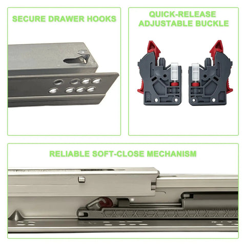 Undermount Soft Close Drawer Slides, 12 Inch Full Extension, 1 Pair, Built To Last Heavy Duty 70 Lb Load, Fits Five Eighths Inch Side Panels, Ideal For Custom Cabinets And Kitchen Drawers, with secure hooks and soft-close mechanism