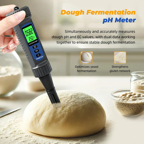 Top Notch Food pH Meter With Temperature Digital pH Tester used for measuring pH in dough for fermentation with dual-probe design.